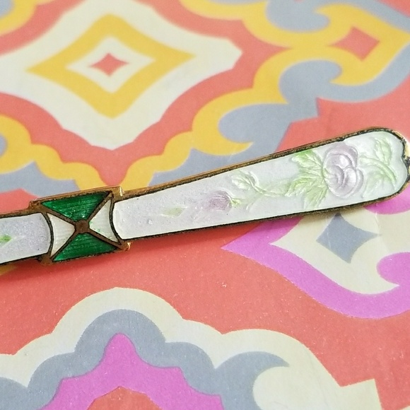 Relisted - Antique pastel rose green guilloche enamel bar pin - Picture 6 of 7